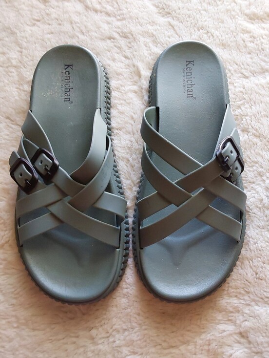 Kenichan Shoes - 🌺 NWT Kenichan Gray-blue Crisscross Buckle Slide Sandals